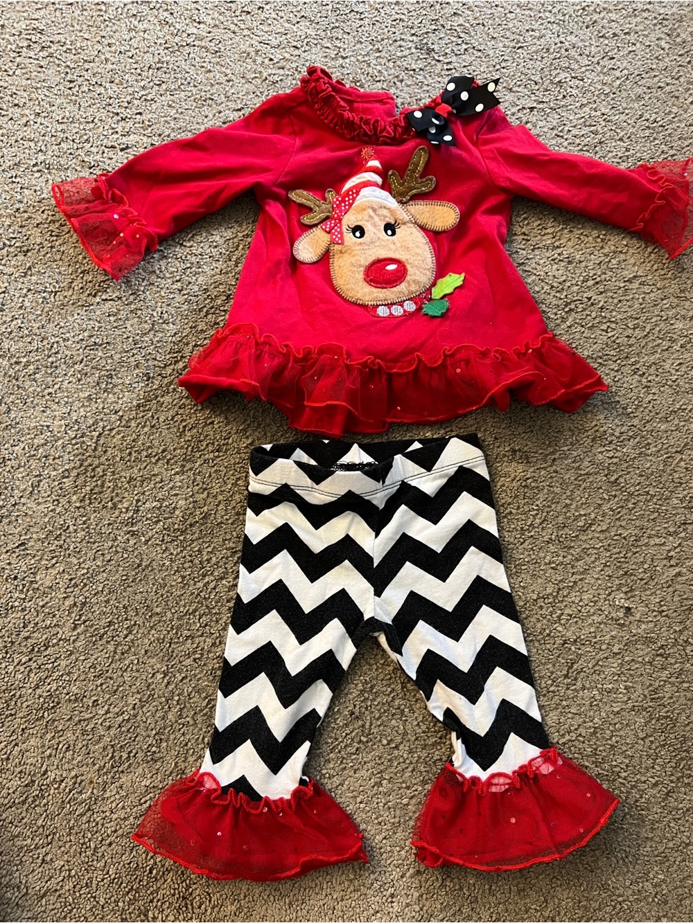 Rare Editions Red Reindeer Top with Black and White Chevron Ruffle Pants